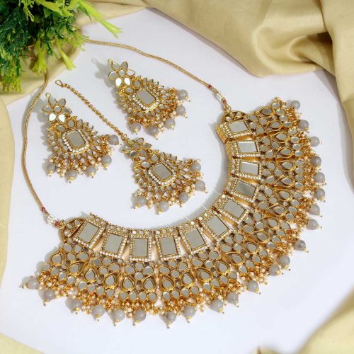 Grey Color Kundan Mirror Necklaces Set