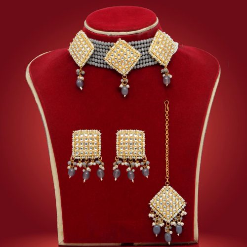 Grey Color Kundan Necklace Set