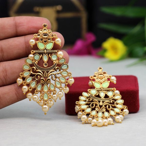 Light Green Color Colorful Kundan Antique Earrings-12296