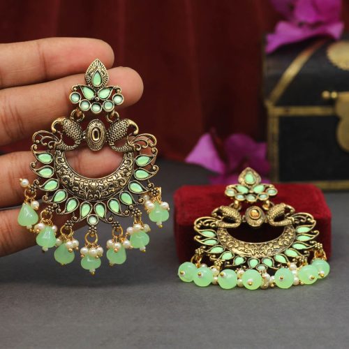 Light Green Color Colorful Kundan Antique Earrings