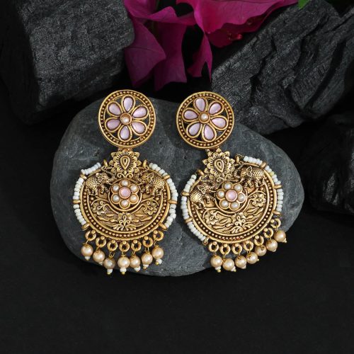 Light Pink Color Colorful Kundan Antique Earrings