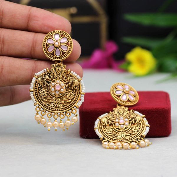 Light Pink Color Colorful Kundan Antique Earrings-14542