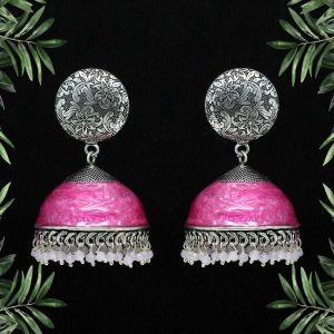 Magenta Color Beads Oxidised Meenakari Earrings-0