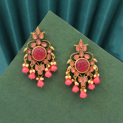 Magenta Color Carving Stone Antique Earrings