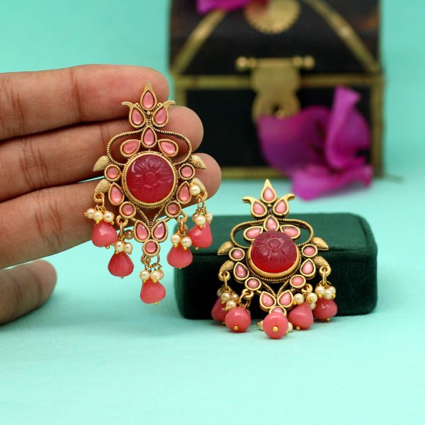 Magenta Color Carving Stone Antique Earrings-14460