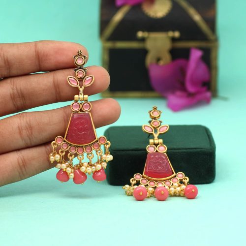 Magenta Color Carving Stone Antique Earrings