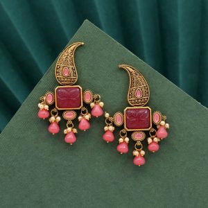 Magenta Color Carving Stone Antique Earrings-0