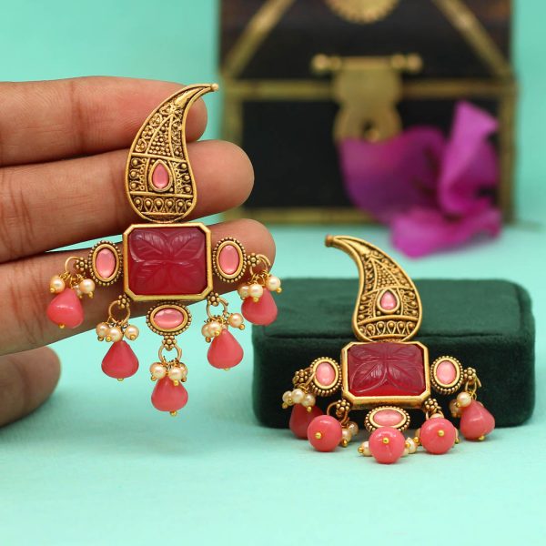 Magenta Color Carving Stone Antique Earrings-14522