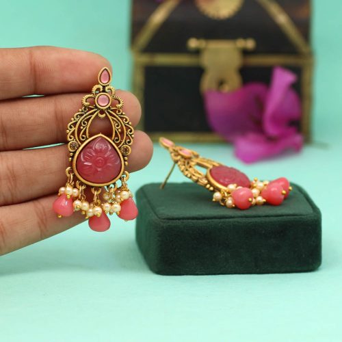 Magenta Color Carving Stone Antique Earrings