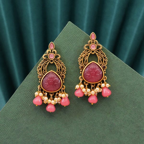 Magenta Color Carving Stone Antique Earrings-14051