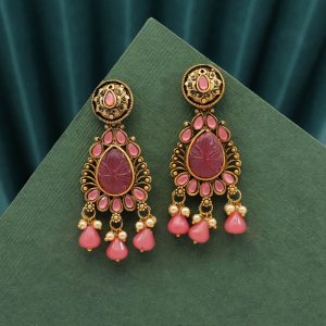 Magenta Color Carving Stone Antique Earrings-0