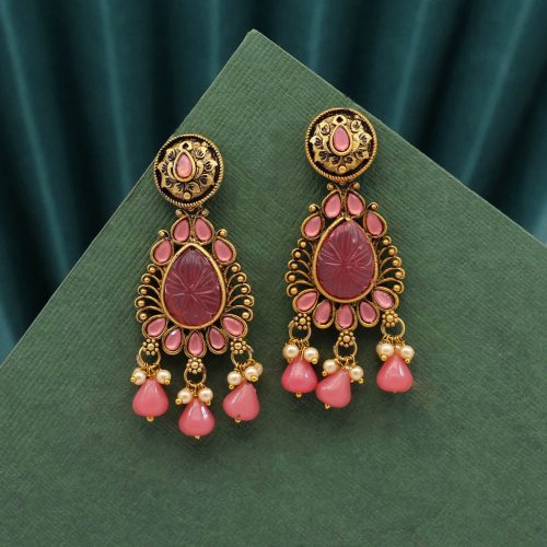 Magenta Color Carving Stone Antique Earrings