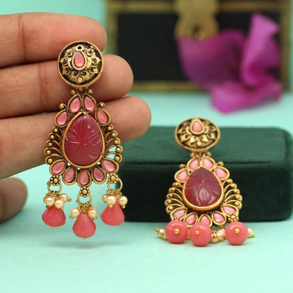 Magenta Color Carving Stone Antique Earrings-14077