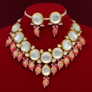 Magenta Color Kundan Meenakari Necklace Set-0