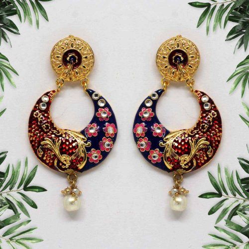 Maroon & Blue Color Kundan Meenakari Earrings