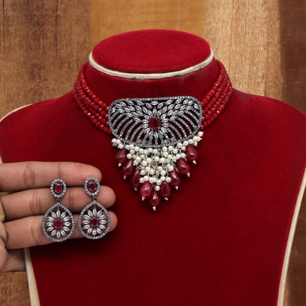 Maroon Color American Diamond Choker Necklaces Set-0