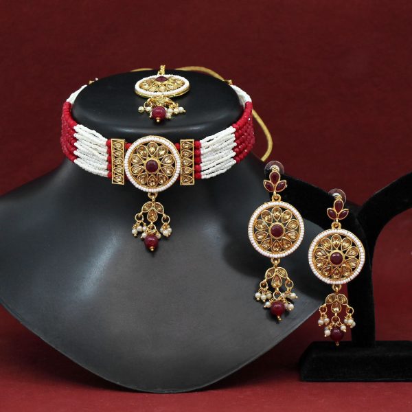 Maroon Color Choker Meenakari Necklace Set-0