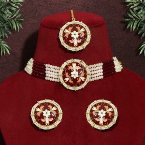 Maroon Color Choker Meenakari Necklace Set-0