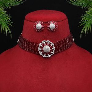 Maroon Color Choker Premium American Diamond Necklace Set-0