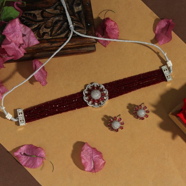 Maroon Color Choker Premium American Diamond Necklace Set-4689