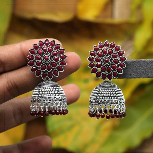 Maroon Color Glass Stone Oxidised Earrings