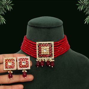 Maroon Color Kundan Choker Necklace Set-0