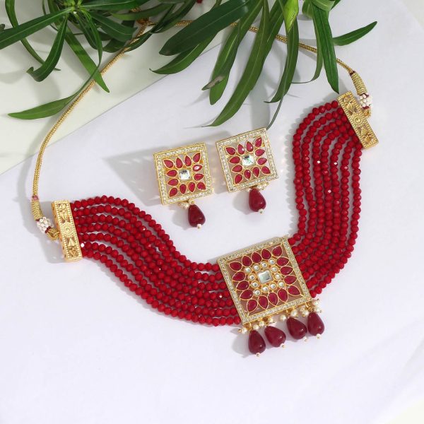 Maroon Color Kundan Choker Necklace Set-12431
