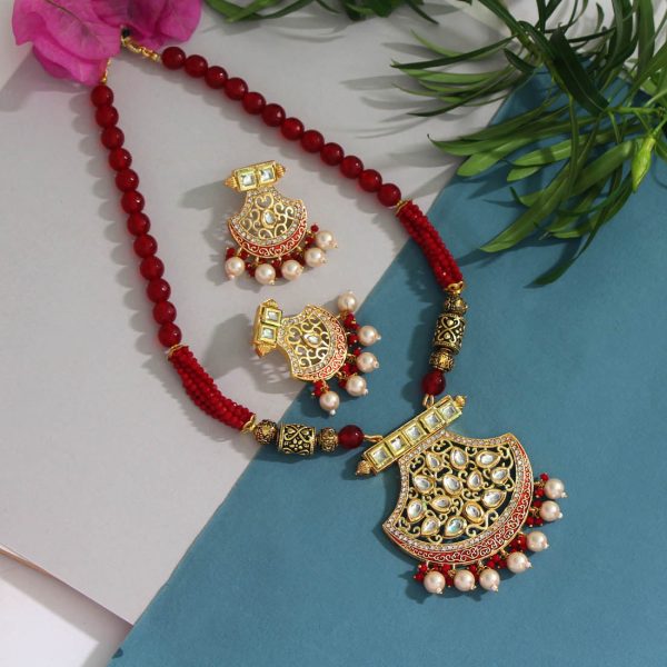 Maroon Color Kundan Long Necklace Set-0