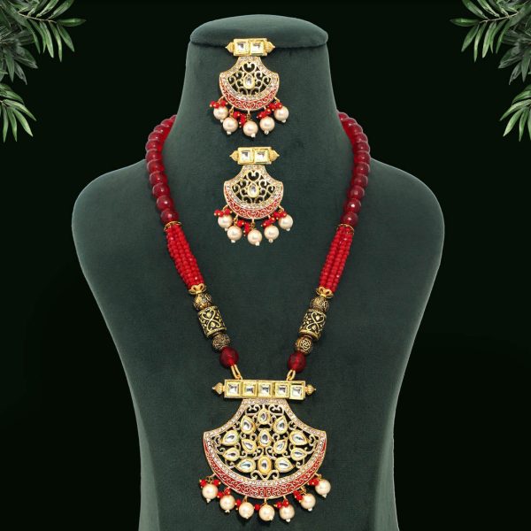 Maroon Color Kundan Long Necklace Set-12433