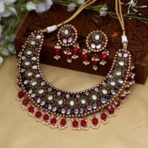 Maroon Color Kundan Meena Necklace Set-0