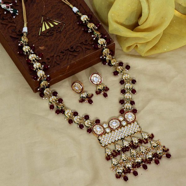 Maroon Color Kundan Meena Necklace Set-0