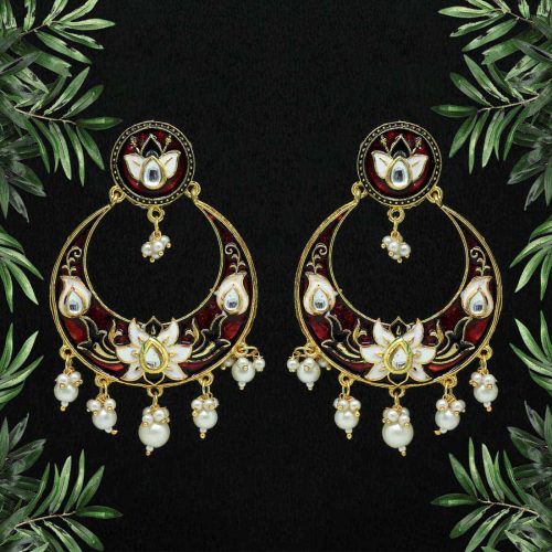 Maroon Color Kundan Meenakari Earrings