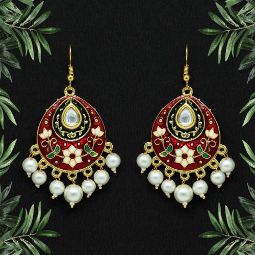 Maroon Color Kundan Meenakari Earrings