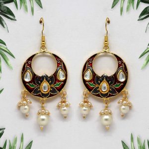 Maroon Color Kundan Meenakari Earrings-0