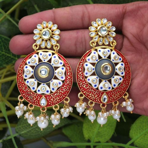 Maroon Color Kundan Meenakari Earrings