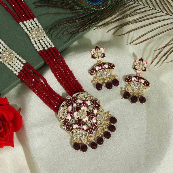 Maroon Color Kundan Meenakari Necklace Set-3667