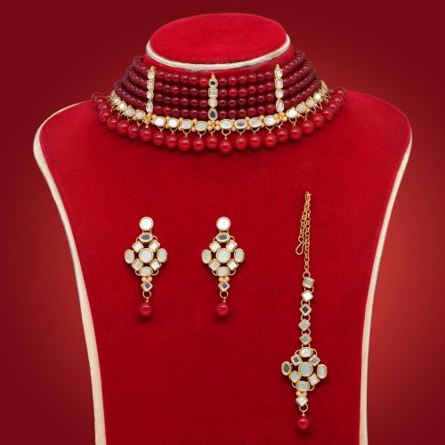 Maroon Color Kundan Mirror Choker Necklace Set