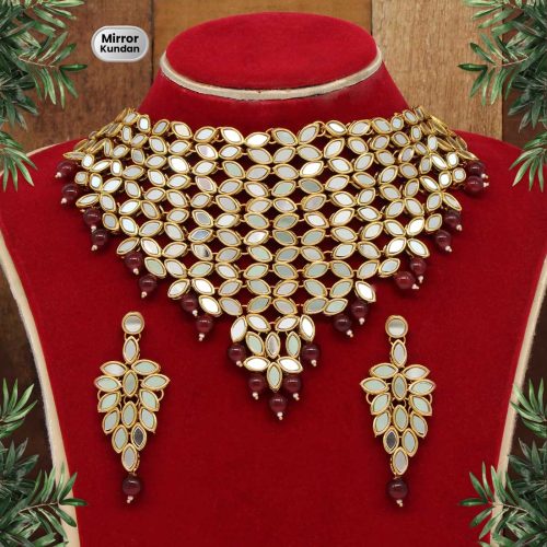 Maroon Color Kundan Mirror Necklaces Set