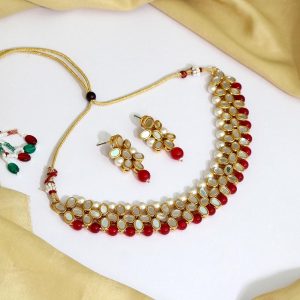 Maroon Color Kundan Mirror Necklaces Set-0