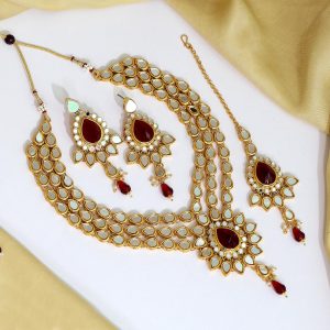 Maroon Color Kundan Mirror Necklaces Set-0