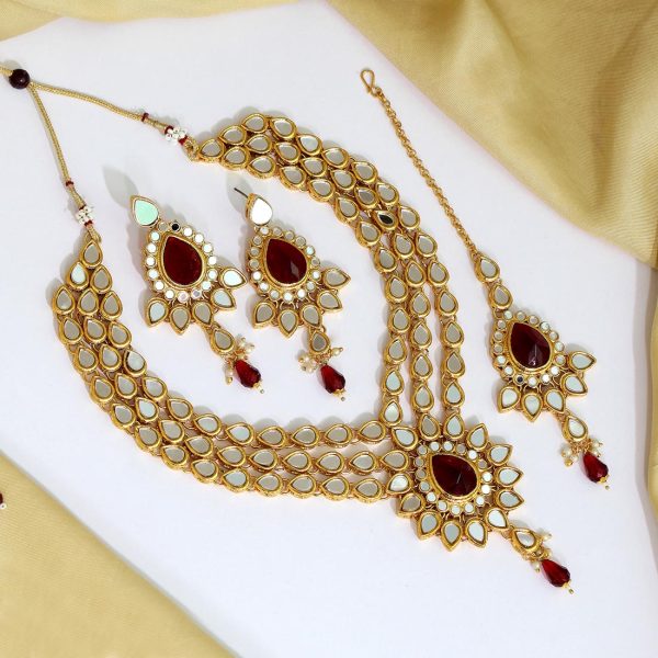 Maroon Color Kundan Mirror Necklaces Set-0
