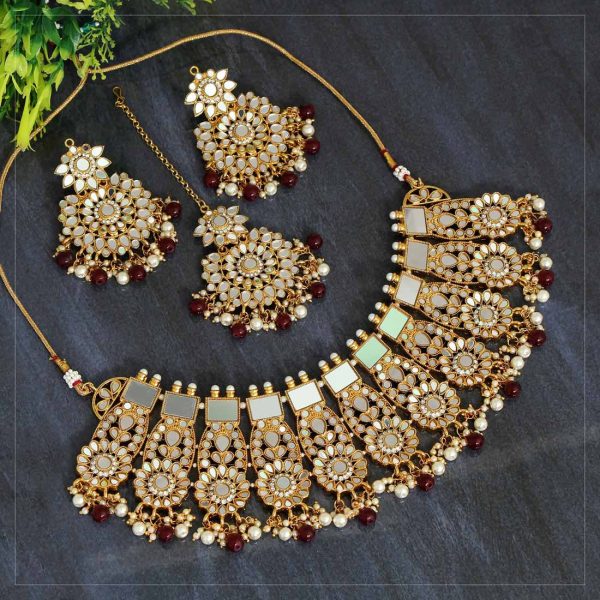 Maroon Color Kundan Mirror Necklaces Set-0