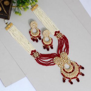 Maroon Color Kundan Necklace Set-0