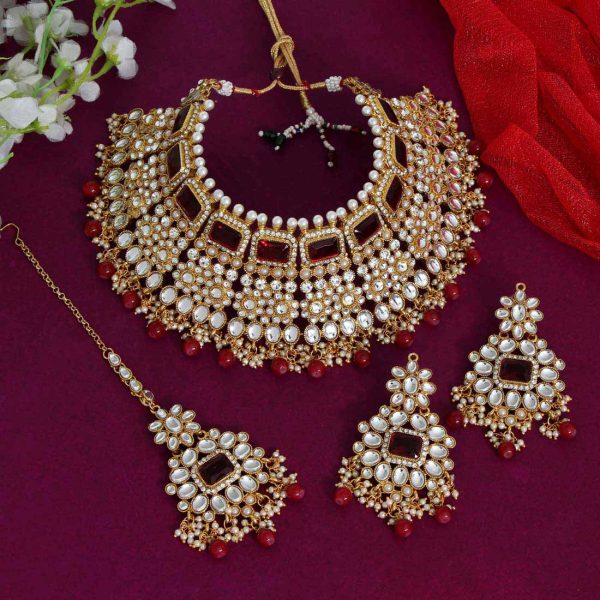 Maroon Color Kundan Necklace Set-0