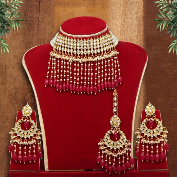 Maroon Color Kundan Necklace Set-0