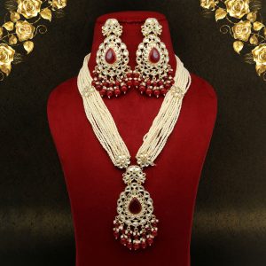 Maroon Color Long Kundan Necklace Set-0
