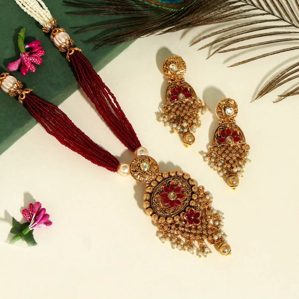 Maroon Color Matte Gold Necklace Set-0