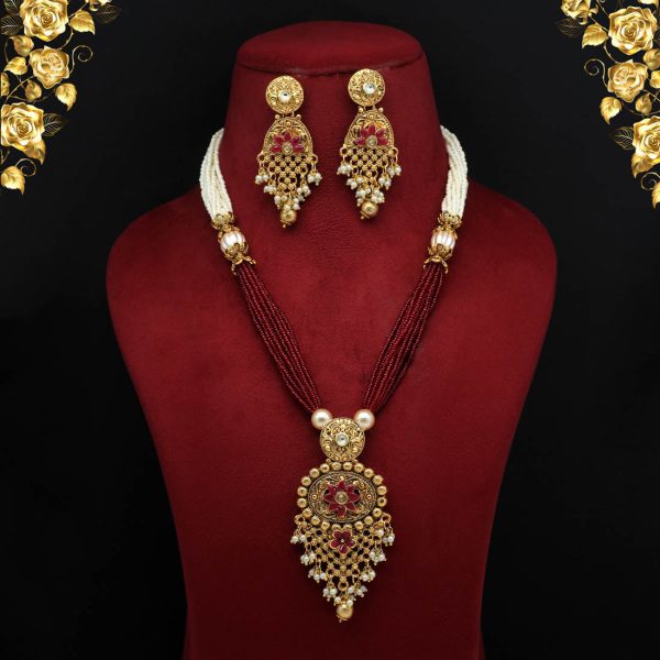 Maroon Color Matte Gold Necklace Set-5255