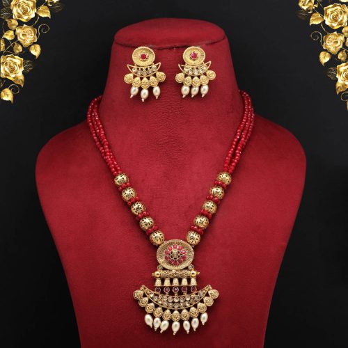 Maroon Color Matte Gold Necklace Set