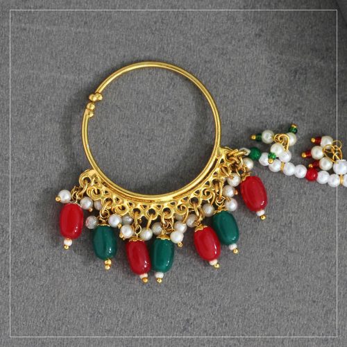 Maroon & Green Color Beads Nose Nath
